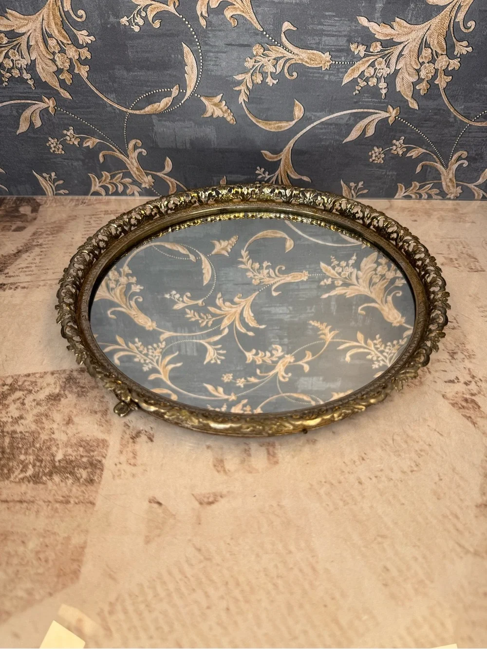 Vintage Round Gold Filigree Mirrored Vanity Tray Hollywood Regency 9 Inch